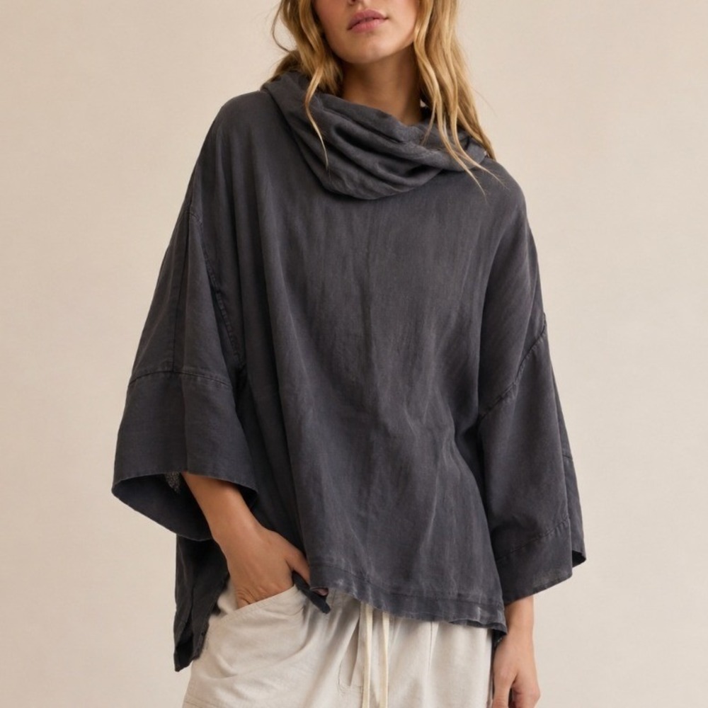 Vivid 100% Linen Tunic Top Oversized Cowl Neck Black Lagenlook Earthy Minimalist